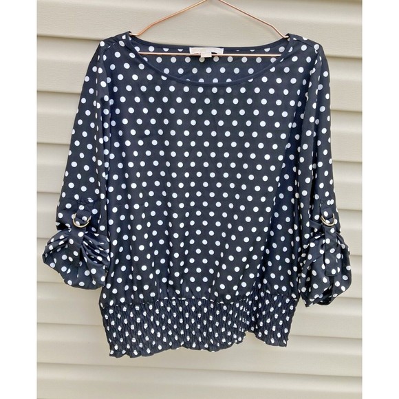 Michael Kors Womens Blouse Size XL Polka Dot Black White Roll Tab Sleeve - Picture 1 of 9